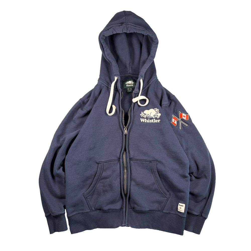 Roots Whistler Full Zip Hoodie Navy Beaver Logo Canada Flag Unisex XS/S